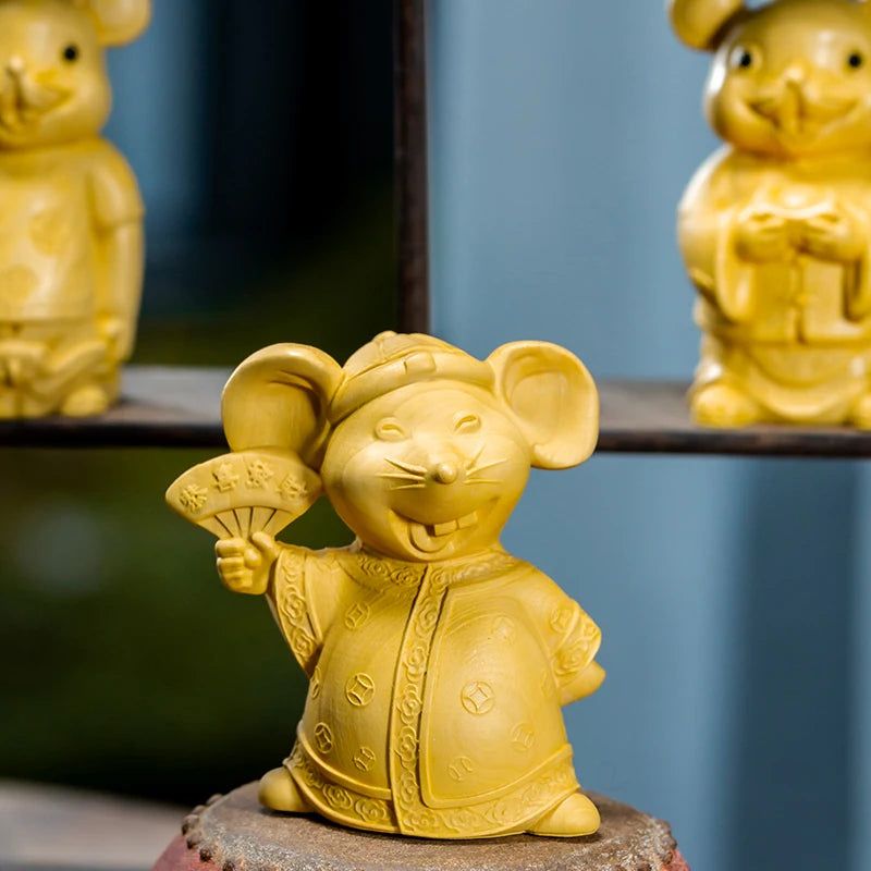 Boxwood 7cm Mouse Sculpture Wood Carving Lucky Golden Rat Animals Statue Chinese Zodiac Home Decor