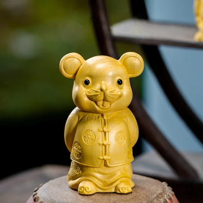 Boxwood 7cm Mouse Sculpture Wood Carving Lucky Golden Rat Animals Statue Chinese Zodiac Home Decor