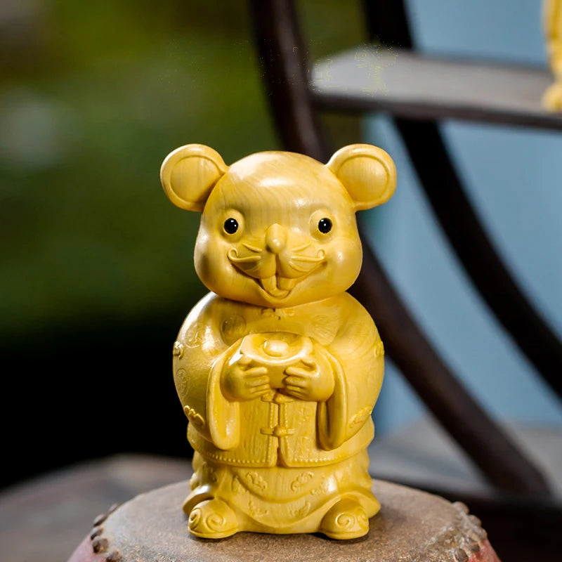 Boxwood 7cm Mouse Sculpture Wood Carving Lucky Golden Rat Animals Statue Chinese Zodiac Home Decor
