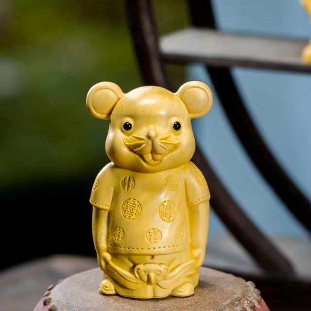 Boxwood 7cm Mouse Sculpture Wood Carving Lucky Golden Rat Animals Statue Chinese Zodiac Home Decor