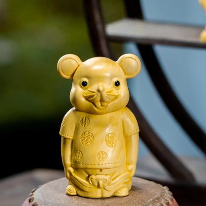 Boxwood 7cm Mouse Sculpture Wood Carving Lucky Golden Rat Animals Statue Chinese Zodiac Home Decor