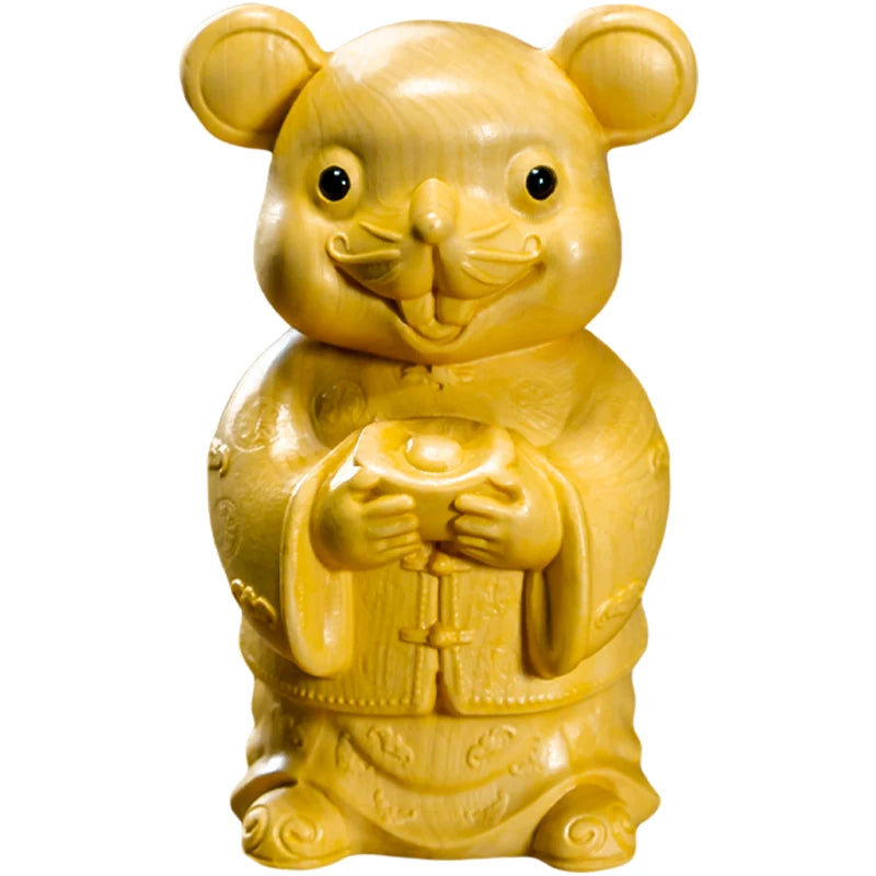 Boxwood 7cm Mouse Sculpture Wood Carving Lucky Golden Rat Animals Statue Chinese Zodiac Home Decor