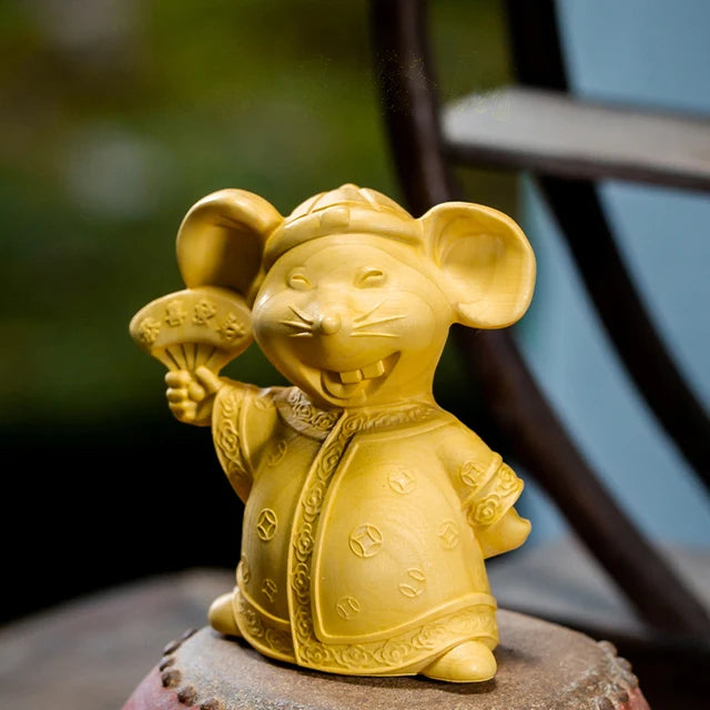 Boxwood 7cm Mouse Sculpture Wood Carving Lucky Golden Rat Animals Statue Chinese Zodiac Home Decor