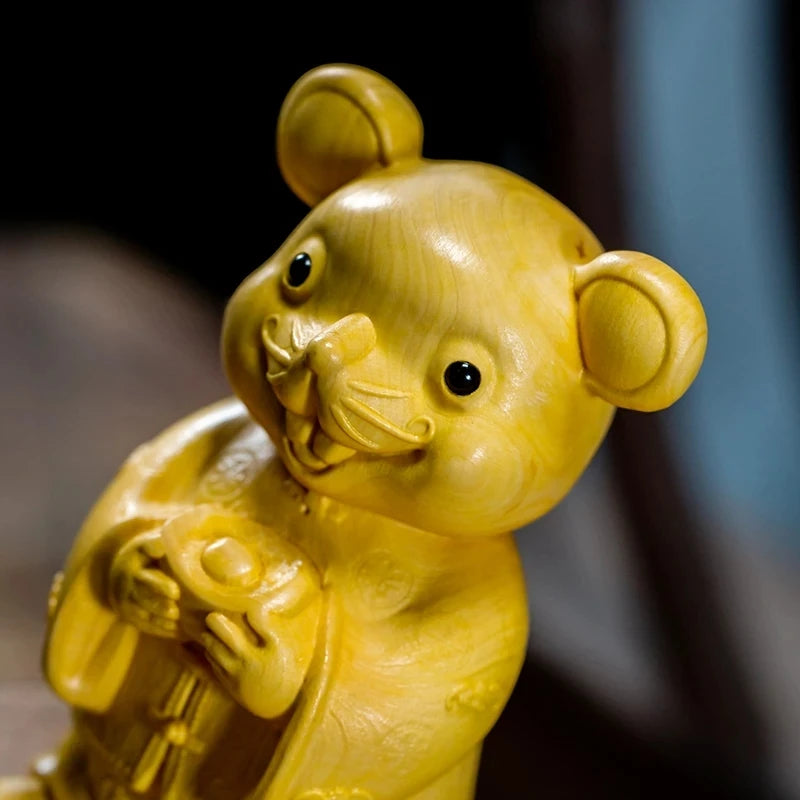 Boxwood 7cm Mouse Sculpture Wood Carving Lucky Golden Rat Animals Statue Chinese Zodiac Home Decor