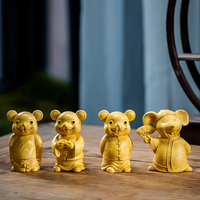 Boxwood 7cm Mouse Sculpture Wood Carving Lucky Golden Rat Animals Statue Chinese Zodiac Home Decor