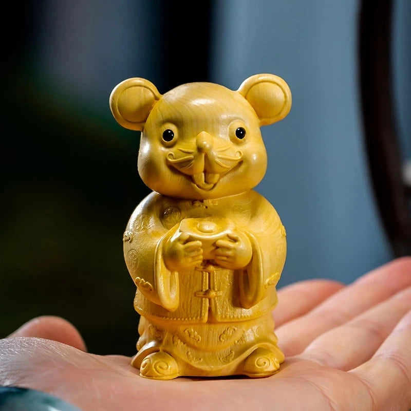 Boxwood 7cm Mouse Sculpture Wood Carving Lucky Golden Rat Animals Statue Chinese Zodiac Home Decor