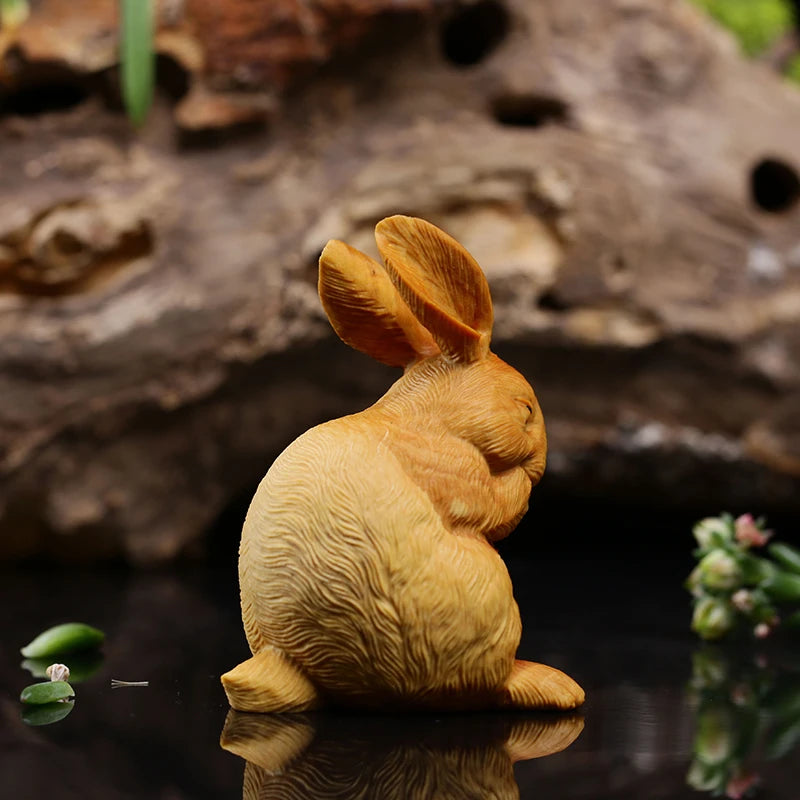 Boxwood 7cm Rabbit Miniature Hare Lucky Animal Wood Statue Mini Bunny Home Decor