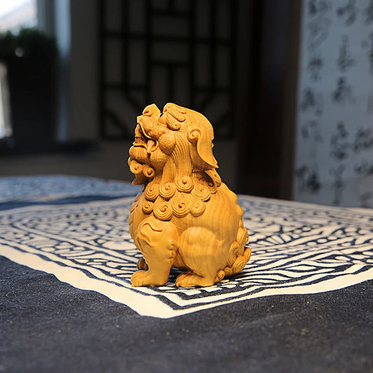 Boxwood 8.5CM Suan Ni Sculpture Chinese Mythical Beast Wood Auspicious Animal Pixiu Statue Home Decor