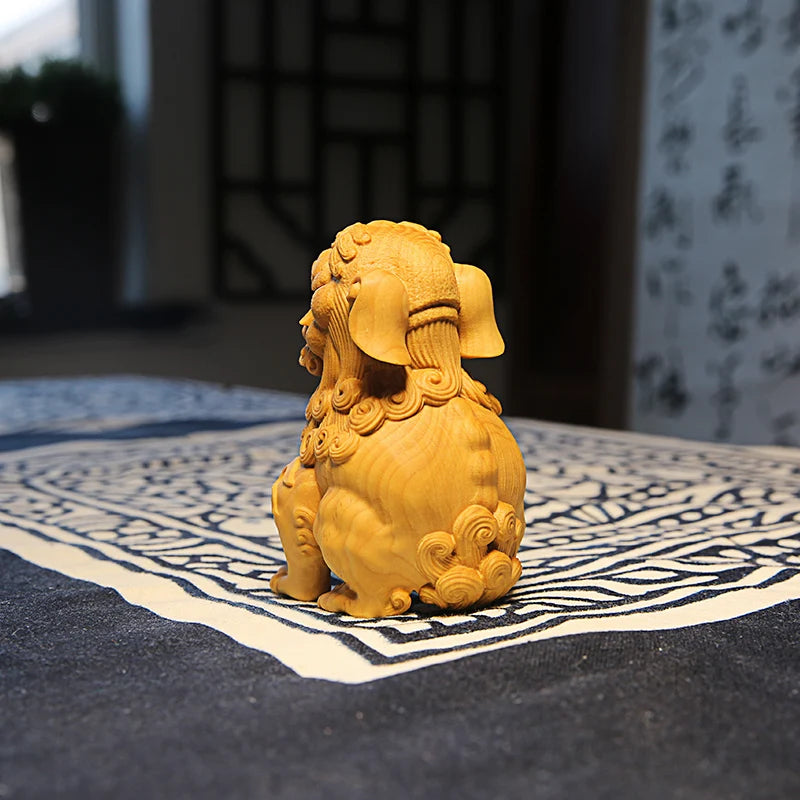 Boxwood 8.5CM Suan Ni Sculpture Chinese Mythical Beast Wood Auspicious Animal Pixiu Statue Home Decor