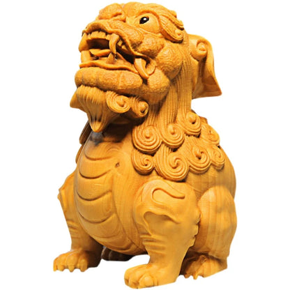 Boxwood 8.5CM Suan Ni Sculpture Chinese Mythical Beast Wood Auspicious Animal Pixiu Statue Home Decor