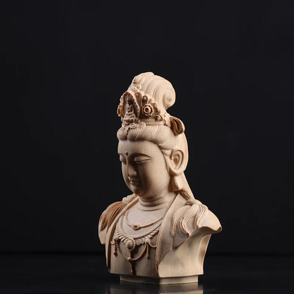 Boxwood 8.5cm Guanyin Head Sculpture Buddha Wood Statue Guan Yin Worship Lucky Home Decor