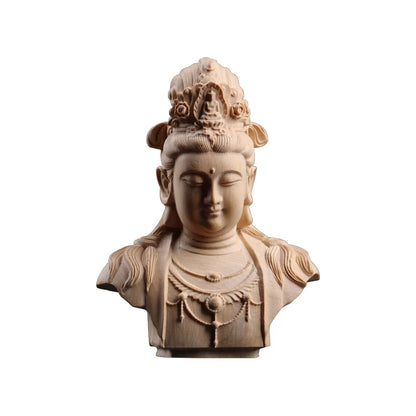 Boxwood 8.5cm Guanyin Head Sculpture Buddha Wood Statue Guan Yin Worship Lucky Home Decor