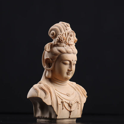 Boxwood 8.5cm Guanyin Head Sculpture Buddha Wood Statue Guan Yin Worship Lucky Home Decor