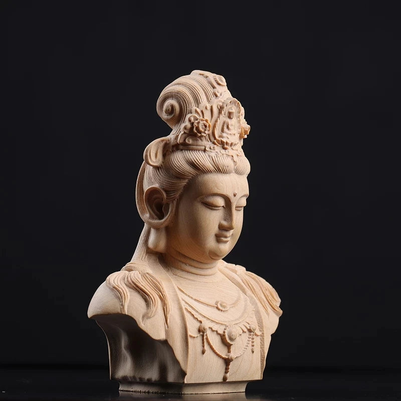 Boxwood 8.5cm Guanyin Head Sculpture Buddha Wood Statue Guan Yin Worship Lucky Home Decor