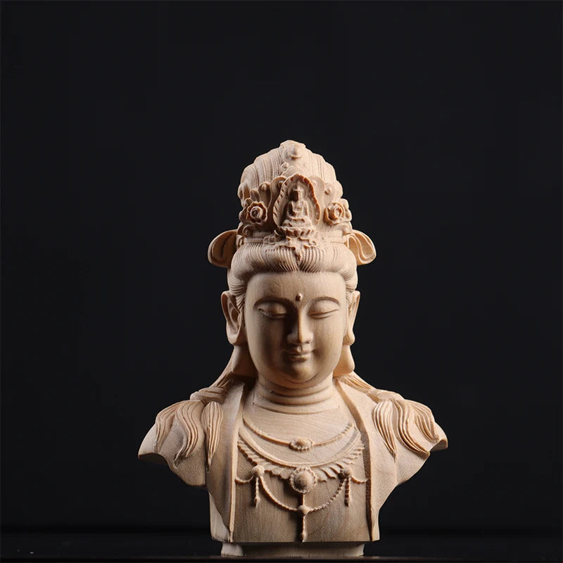 Boxwood 8.5cm Guanyin Head Sculpture Buddha Wood Statue Guan Yin Worship Lucky Home Decor