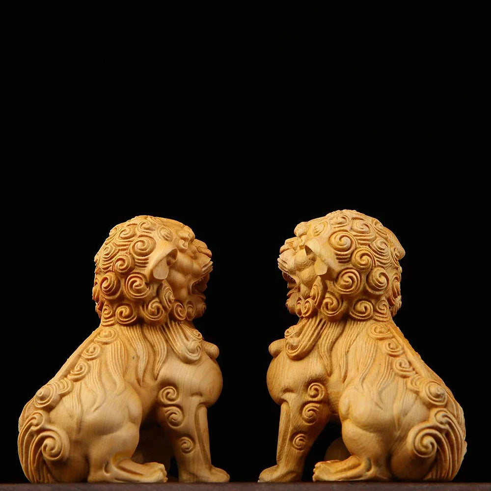Boxwood 8.5cm Town House Lion Real Wood Office Decoration Homo Decor Traditional Chinese Historical Statue Animal Sculpture