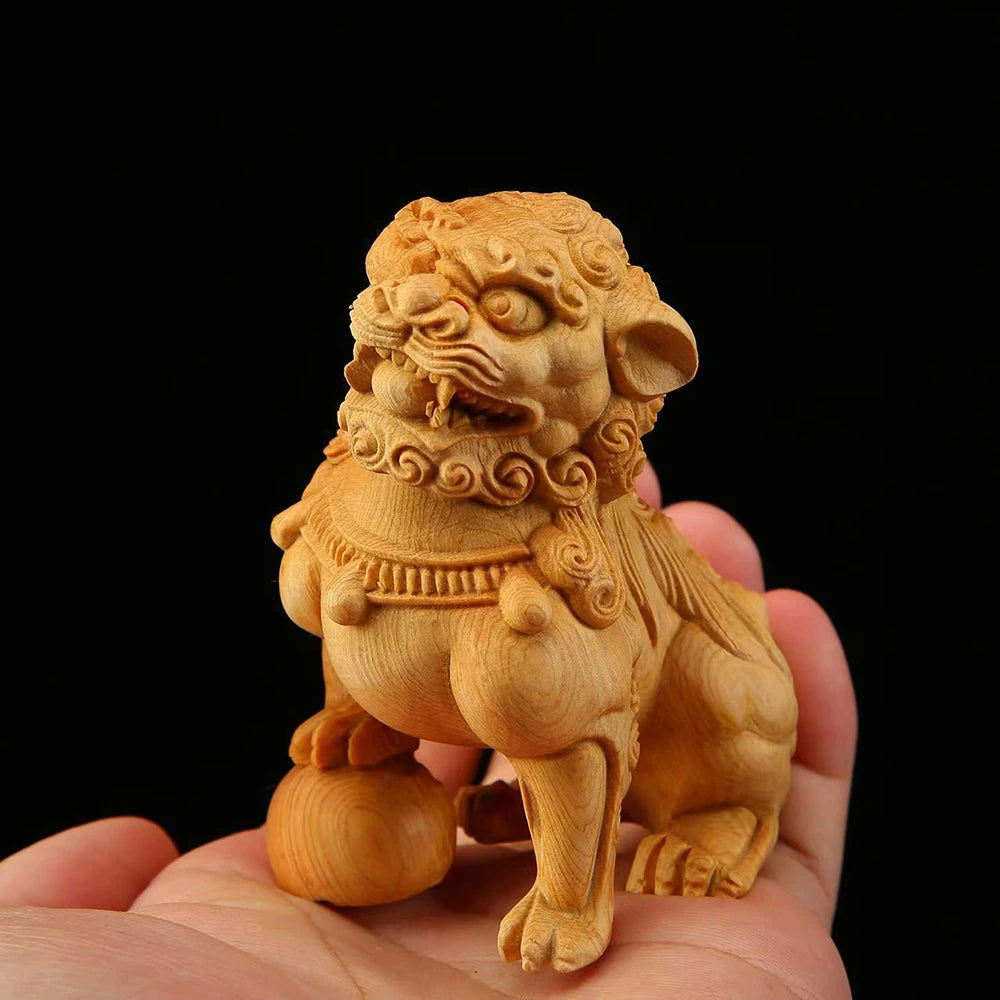Boxwood 8.5cm Town House Lion Real Wood Office Decoration Homo Decor Traditional Chinese Historical Statue Animal Sculpture