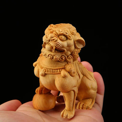 Boxwood 8.5cm Town House Lion Real Wood Office Decoration Homo Decor Traditional Chinese Historical Statue Animal Sculpture