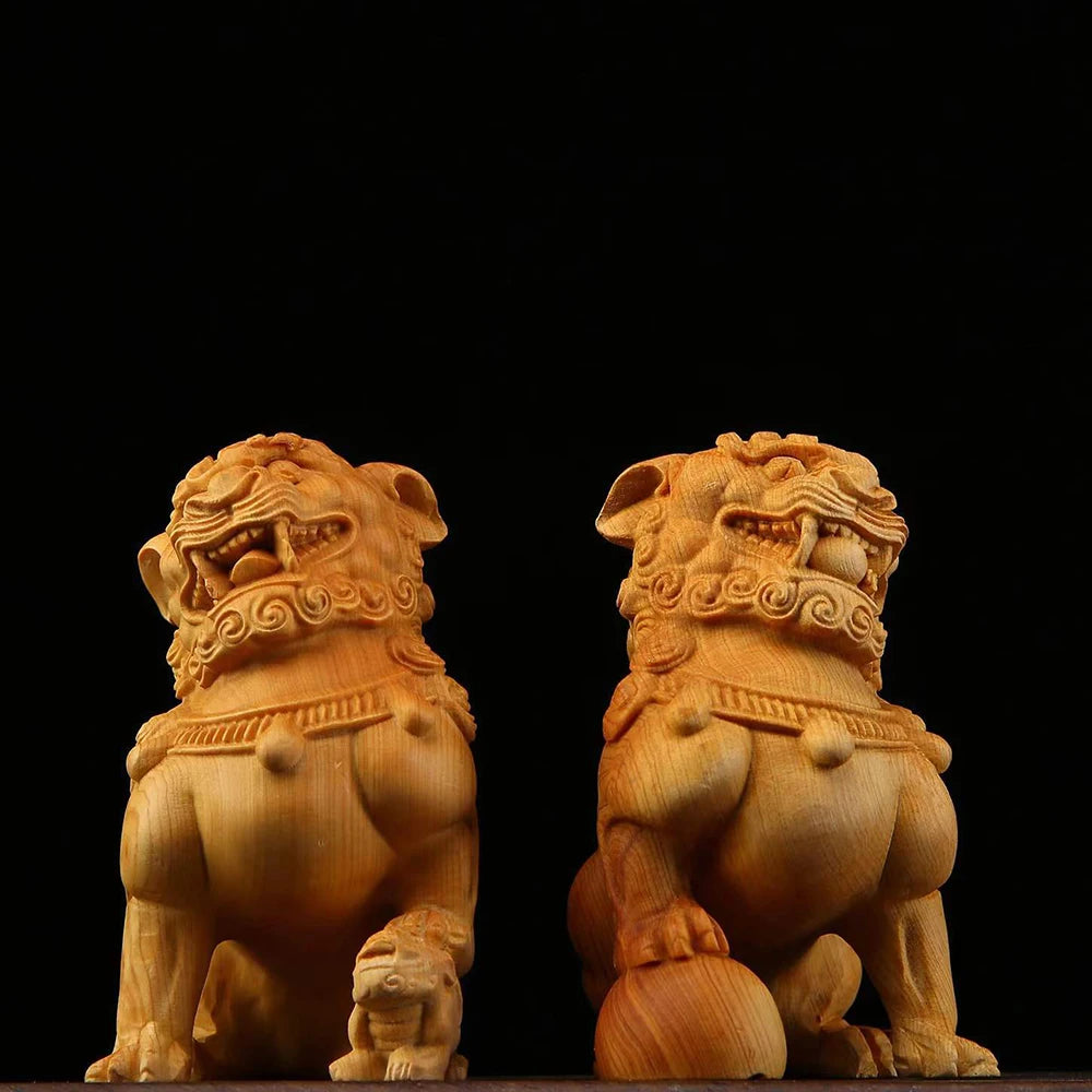 Boxwood 8.5cm Town House Lion Real Wood Office Decoration Homo Decor Traditional Chinese Historical Statue Animal Sculpture