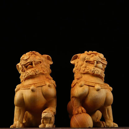 Boxwood 8.5cm Town House Lion Real Wood Office Decoration Homo Decor Traditional Chinese Historical Statue Animal Sculpture
