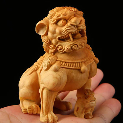 Boxwood 8.5cm Town House Lion Real Wood Office Decoration Homo Decor Traditional Chinese Historical Statue Animal Sculpture