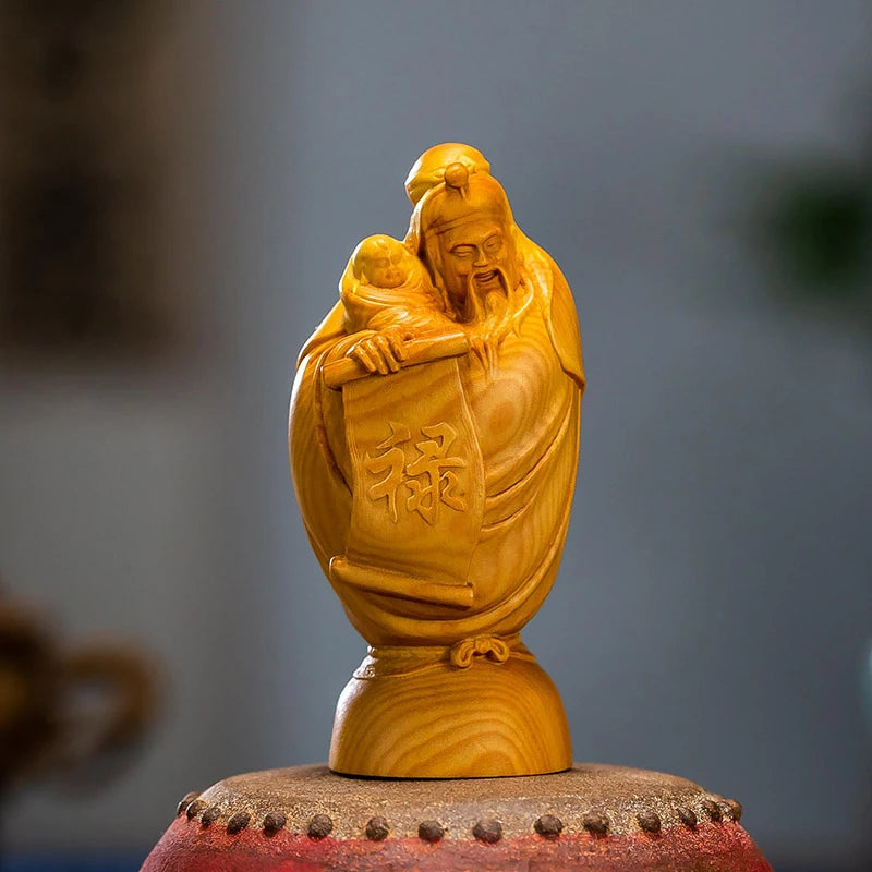 Boxwood 8 cm carved solid wood Buddha crafts home Fortune Feng Shui Small Ornaments Fu Lu Shou Samsung