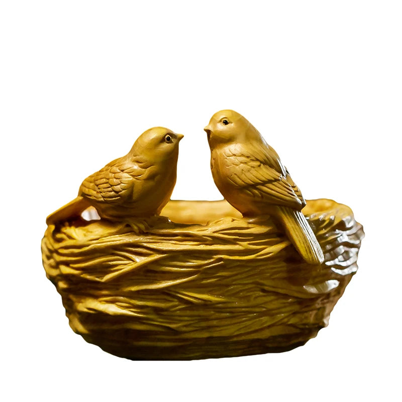 Boxwood 8CM Bird Nest Sculpture Wood Animal Statue Auspicious Home Decoration