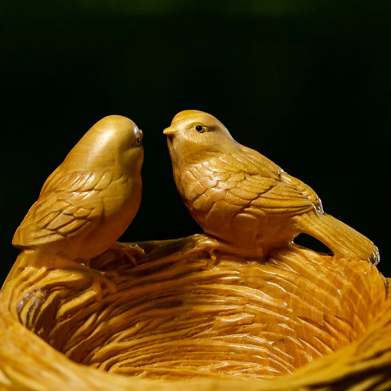 Boxwood 8CM Bird Nest Sculpture Wood Animal Statue Auspicious Home Decoration
