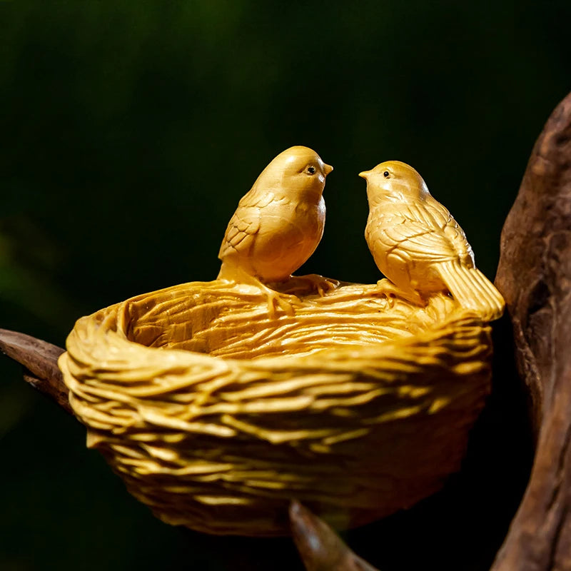 Boxwood 8CM Bird Nest Sculpture Wood Animal Statue Auspicious Home Decoration