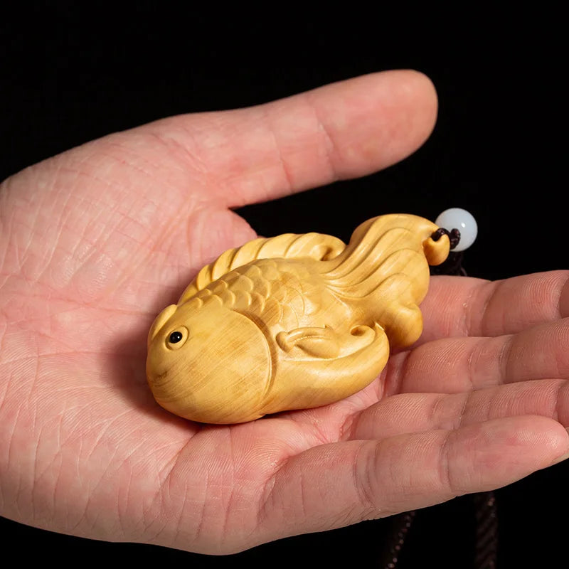 Boxwood 8CM Fish Pendant Solid Wood Carving Feng Shui Animal Wood Statue Chinese Wealth Sculpture Home Decor
