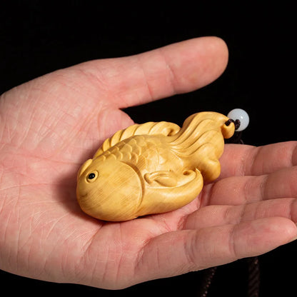 Boxwood 8CM Fish Pendant Solid Wood Carving Feng Shui Animal Wood Statue Chinese Wealth Sculpture Home Decor