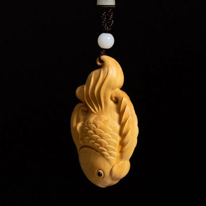 Boxwood 8CM Fish Pendant Solid Wood Carving Feng Shui Animal Wood Statue Chinese Wealth Sculpture Home Decor