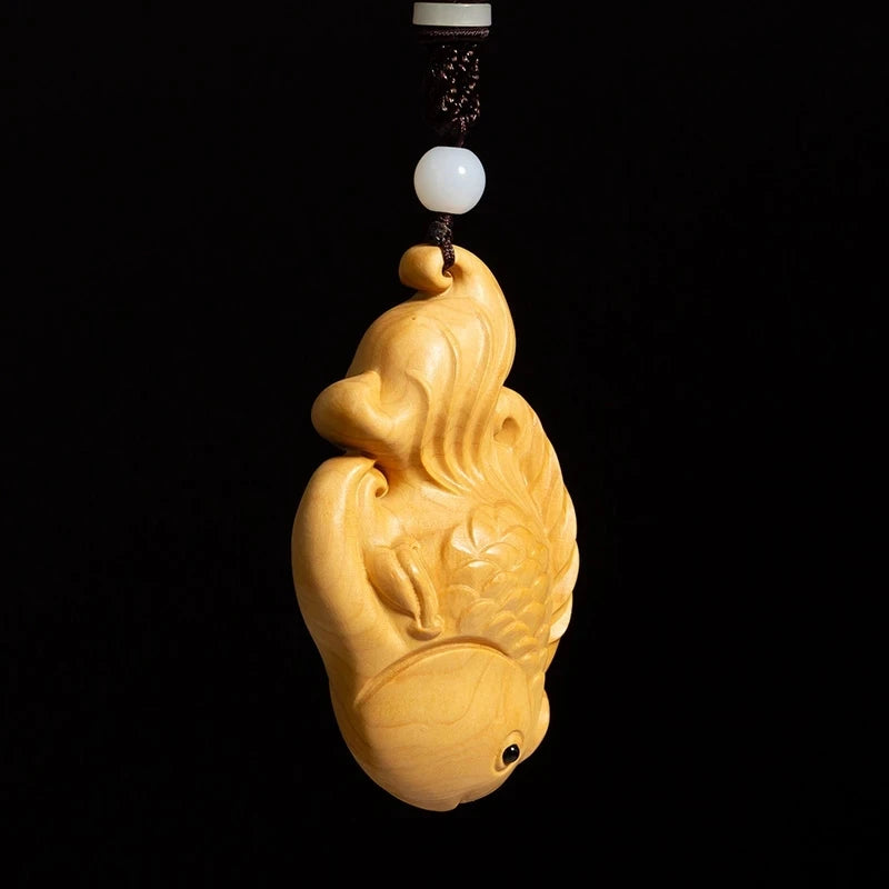 Boxwood 8CM Fish Pendant Solid Wood Carving Feng Shui Animal Wood Statue Chinese Wealth Sculpture Home Decor