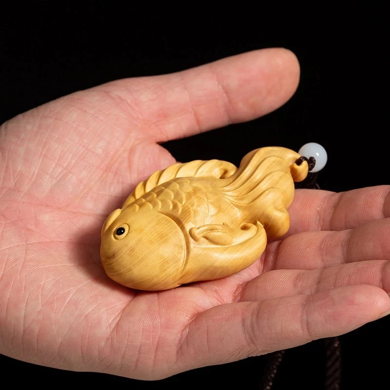 Boxwood 8CM Fish Pendant Solid Wood Carving Feng Shui Animal Wood Statue Chinese Wealth Sculpture Home Decor