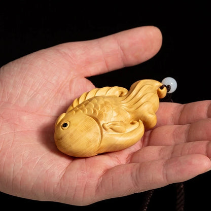 Boxwood 8CM Fish Pendant Solid Wood Carving Feng Shui Animal Wood Statue Chinese Wealth Sculpture Home Decor