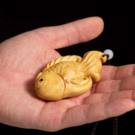Boxwood 8CM Fish Pendant Solid Wood Carving Feng Shui Animal Wood Statue Chinese Wealth Sculpture Home Decor