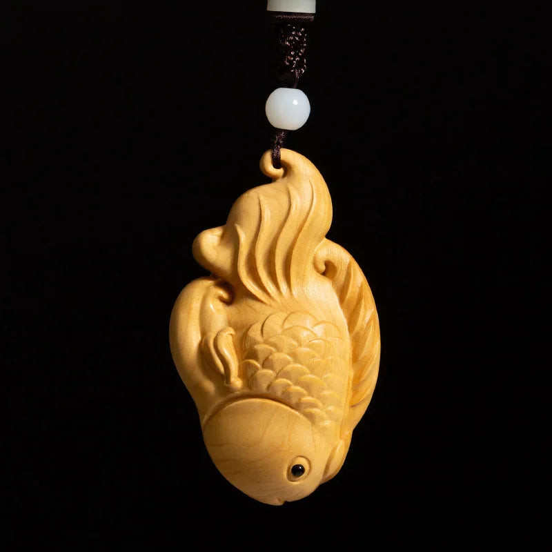 Boxwood 8CM Fish Pendant Solid Wood Carving Feng Shui Animal Wood Statue Chinese Wealth Sculpture Home Decor