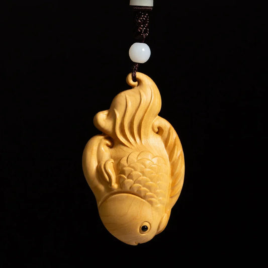 Boxwood 8CM Fish Pendant Solid Wood Carving Feng Shui Animal Wood Statue Chinese Wealth Sculpture Home Decor