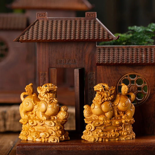 Boxwood 8CM Pixiu Sculpture Chinese Myth Beast Wood Animal Statue Lucky Home Decor