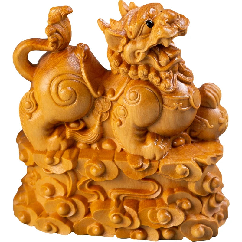 Boxwood 8CM Pixiu Sculpture Chinese Myth Beast Wood Animal Statue Lucky Home Decor