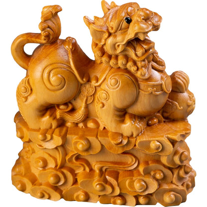 Boxwood 8CM Pixiu Sculpture Chinese Myth Beast Wood Animal Statue Lucky Home Decor