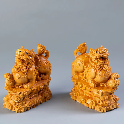 Boxwood 8CM Pixiu Sculpture Chinese Myth Beast Wood Animal Statue Lucky Home Decor