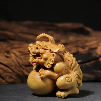 Boxwood 8CM Pixiu Sculpture Wood Carving Chinese Unicorn God Beast Statue Lucky Home Decor