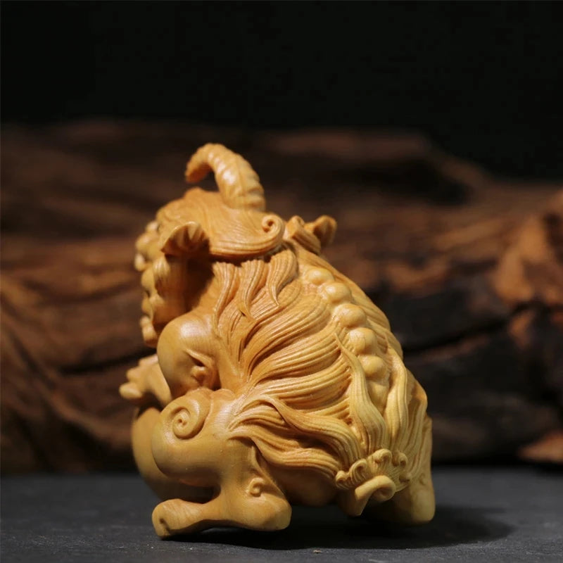 Boxwood 8CM Pixiu Sculpture Wood Carving Chinese Unicorn God Beast Statue Lucky Home Decor