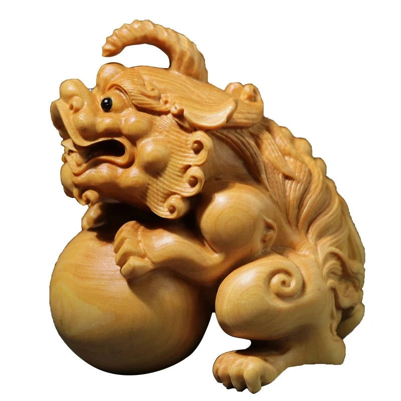 Boxwood 8CM Pixiu Sculpture Wood Carving Chinese Unicorn God Beast Statue Lucky Home Decor