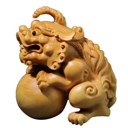 Boxwood 8CM Pixiu Sculpture Wood Carving Chinese Unicorn God Beast Statue Lucky Home Decor