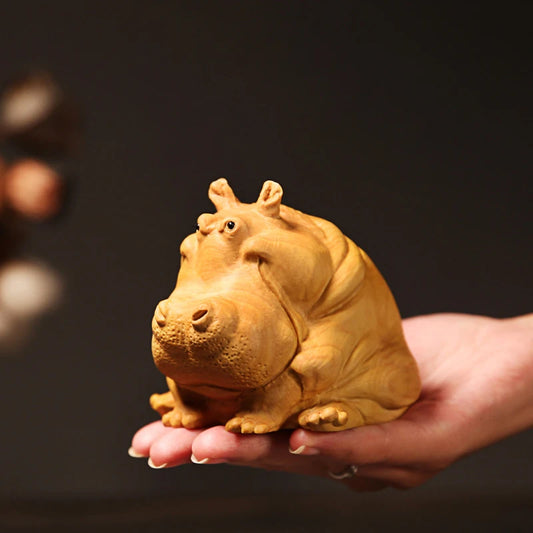 Boxwood 8cm 11cm Hippo Sculpture Feng Shui Car Decoration Wood Lucky Animal Statue Cartoons Home Decor