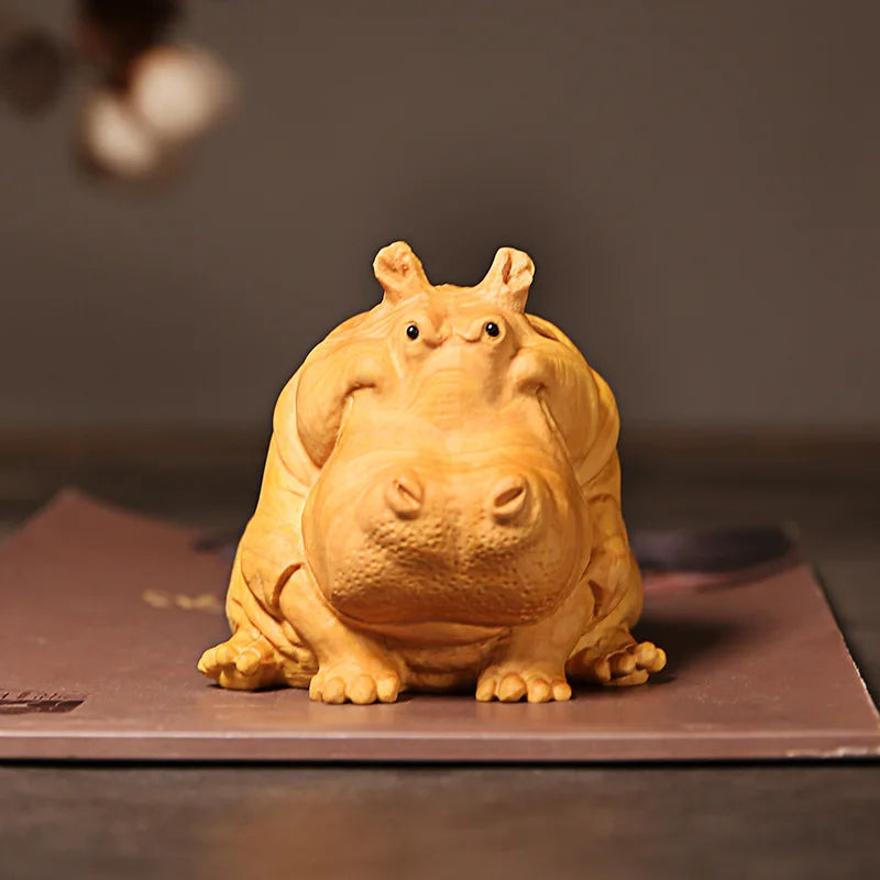 Boxwood 8cm 11cm Hippo Sculpture Feng Shui Car Decoration Wood Lucky Animal Statue Cartoons Home Decor
