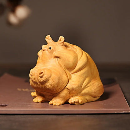 Boxwood 8cm 11cm Hippo Sculpture Feng Shui Car Decoration Wood Lucky Animal Statue Cartoons Home Decor