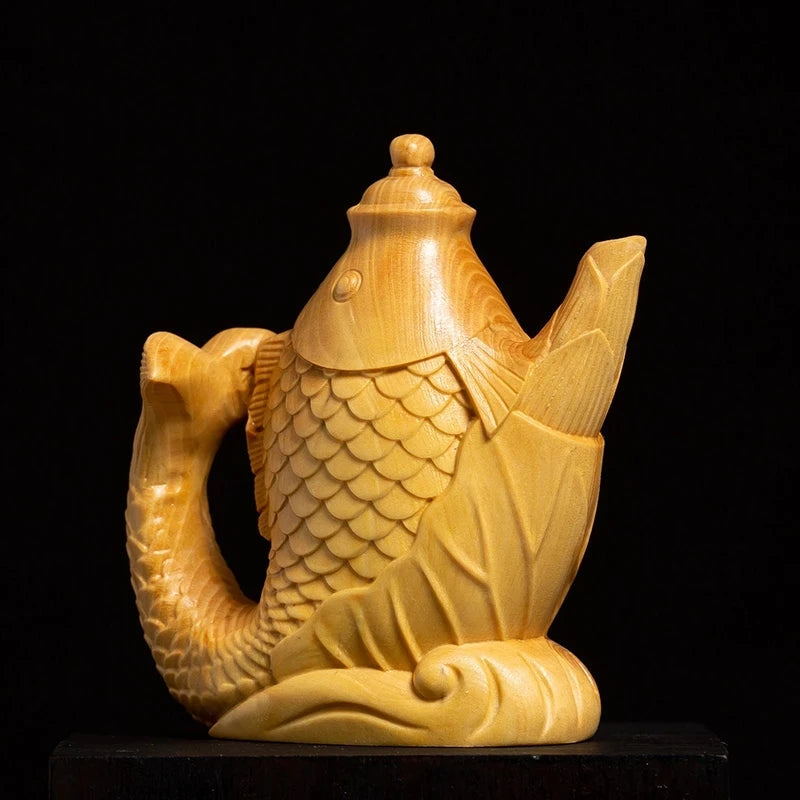 Boxwood 8cm Carp Teapot Sculpture Feng Shui Solid Wood Rich Teapot Lucky Fish Animal Statue Tea Ceremony Home Decor